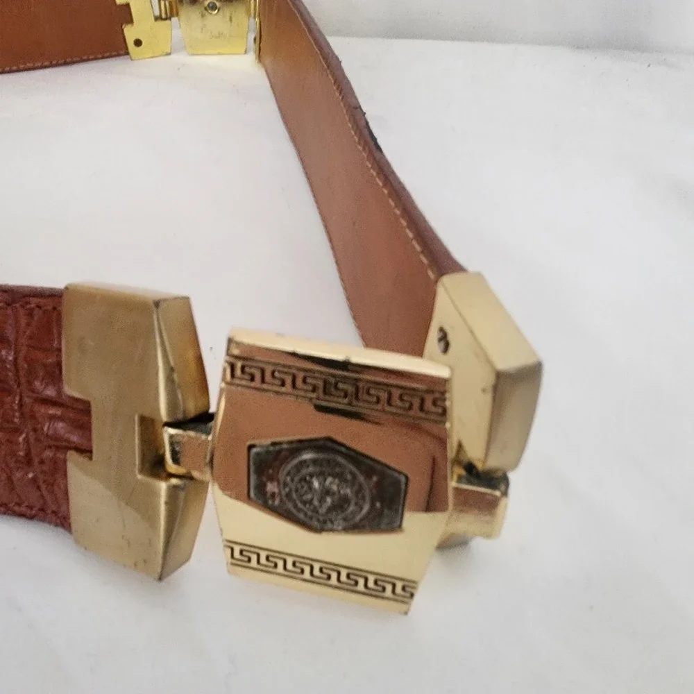 Veretta Leather Belt 42 Western Mexico Caiman Embossed Metal Hinge Lion Brown